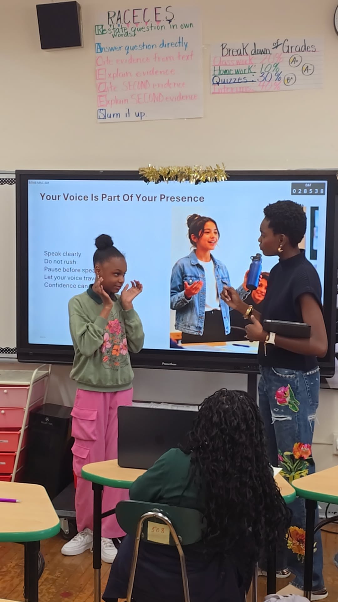 Student practicing public speaking in a 4 P's workshop